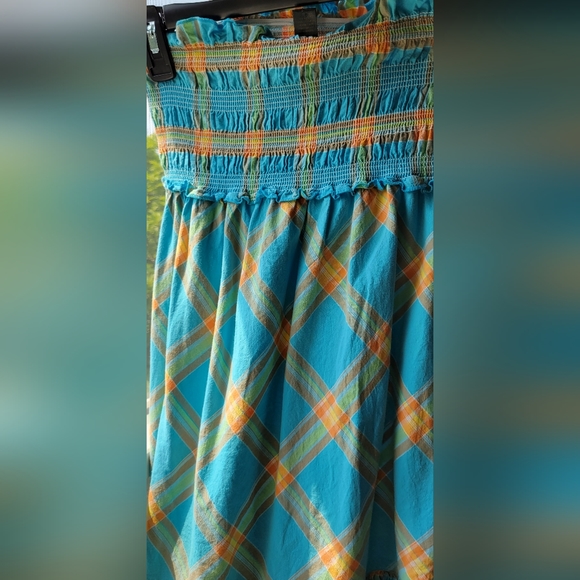 mandee Dresses Vintage Mandee Dress Blue Orange Smocked Top Strapless Lightweight Flowy